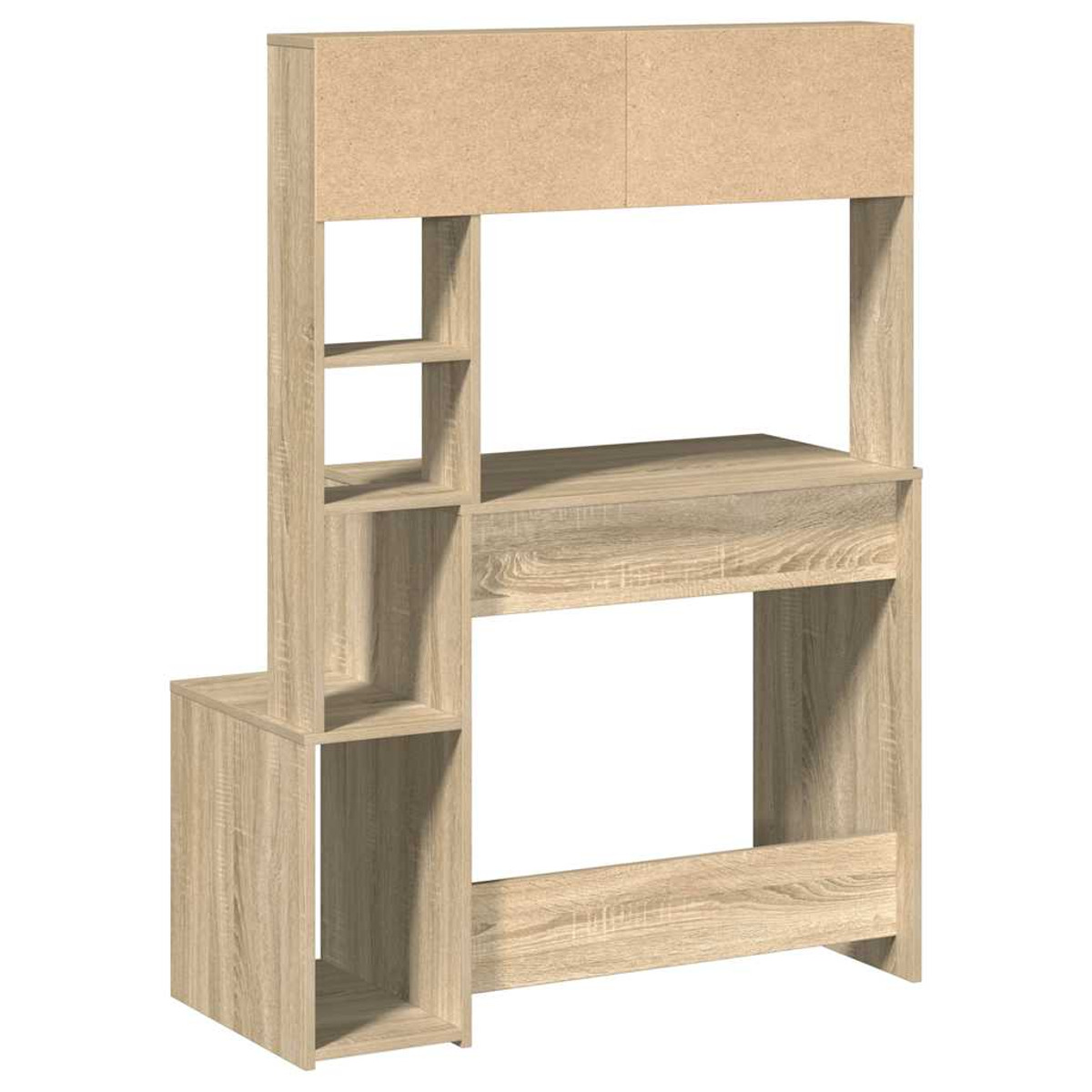 Holzschreibtisch mit Regalen, Schubladen und einem oberen Regal.