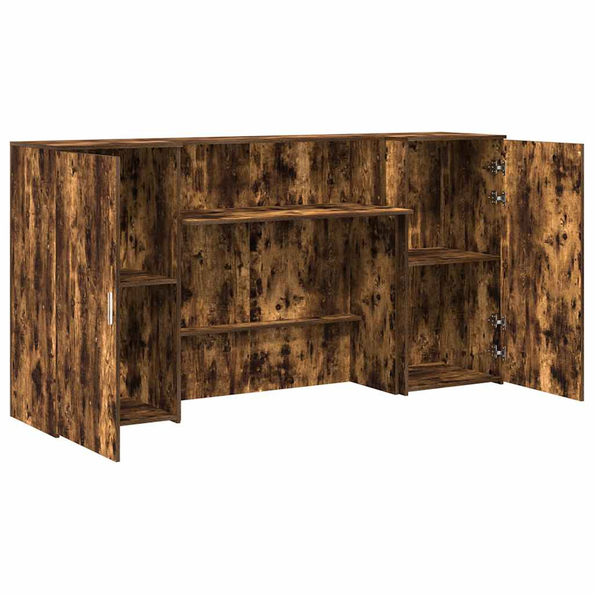 Holzschrank mit offenen Türen, die Regale zeigen, mit Holzmaserung und rustikalem Aussehen.