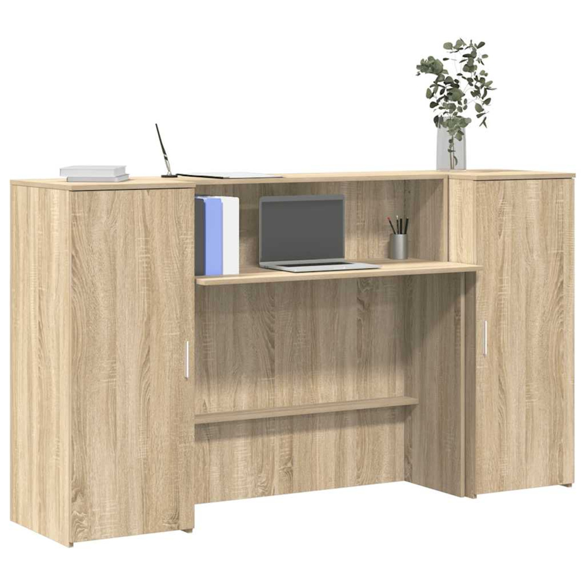Holz-Büroschreibtisch mit Gegenständen. Ein Laptop, Stifte und eine Vase stehen darauf.