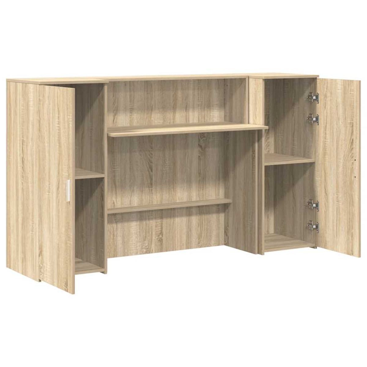 Ein Holzschreibtisch mit zwei offenen Schränken.