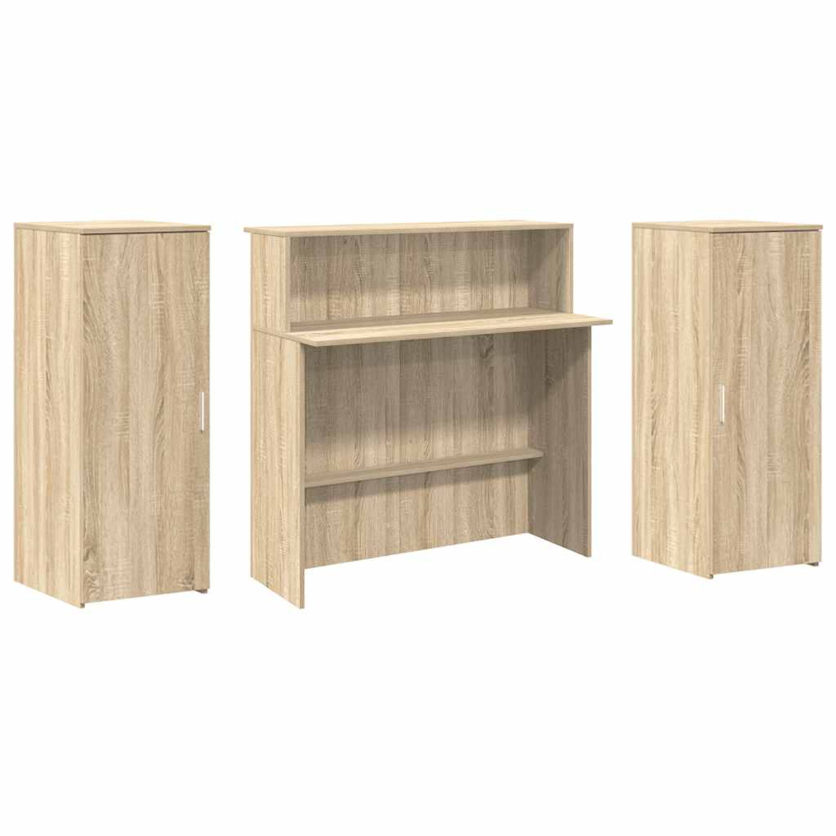 Drei Holzschränke und ein Schreibtisch. Schränke an den Seiten, Schreibtisch in der Mitte.