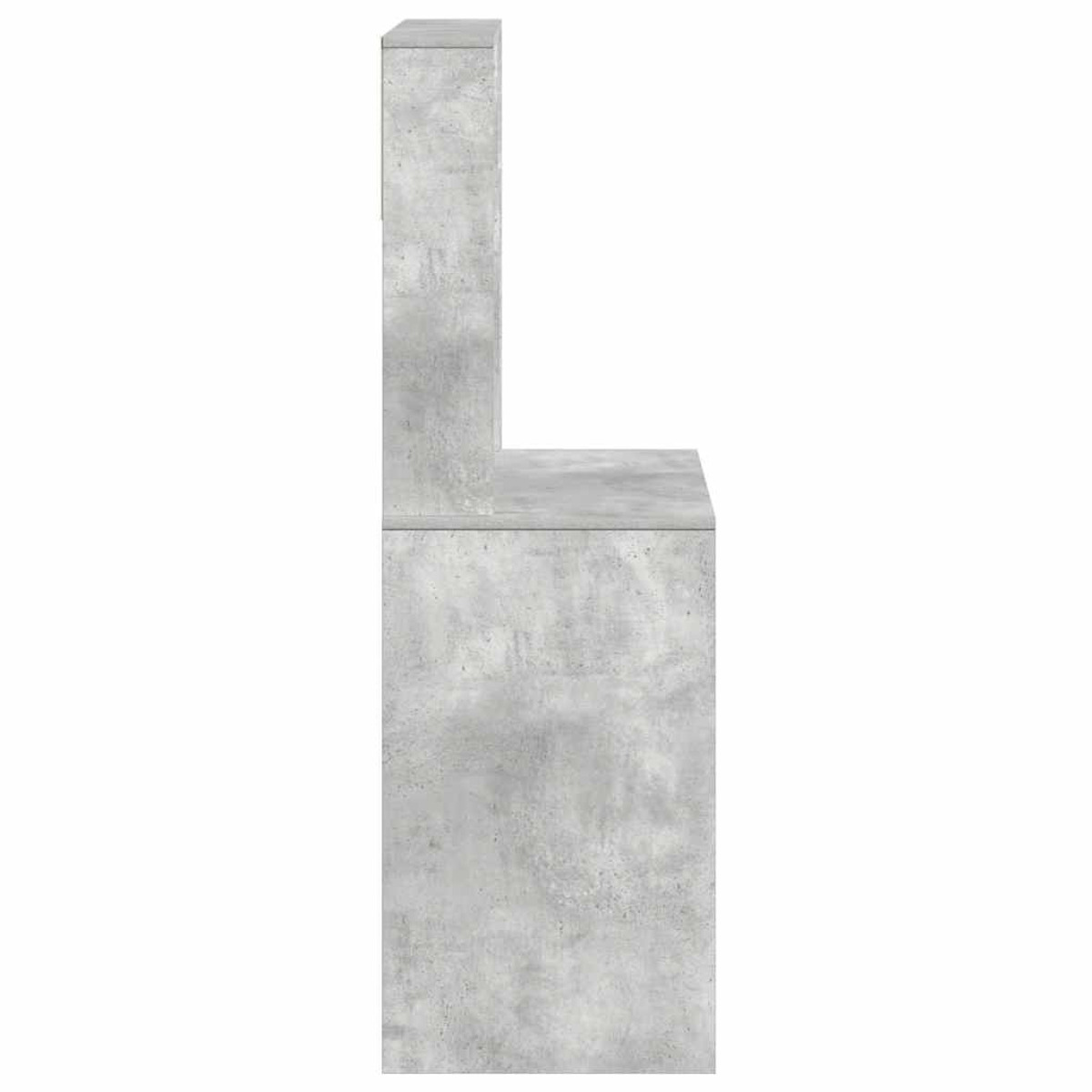 Seitenansicht eines Schreibtisches oder Schranks aus hellgrauem Beton, auf weißem Hintergrund.