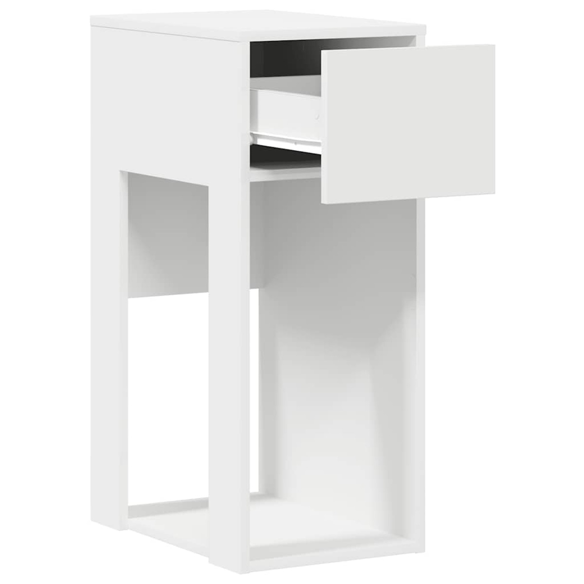 Ein weißer Schrank mit einer offenen Schublade. Er hat ein minimalistisches Design und steht vor weißem Hintergrund.