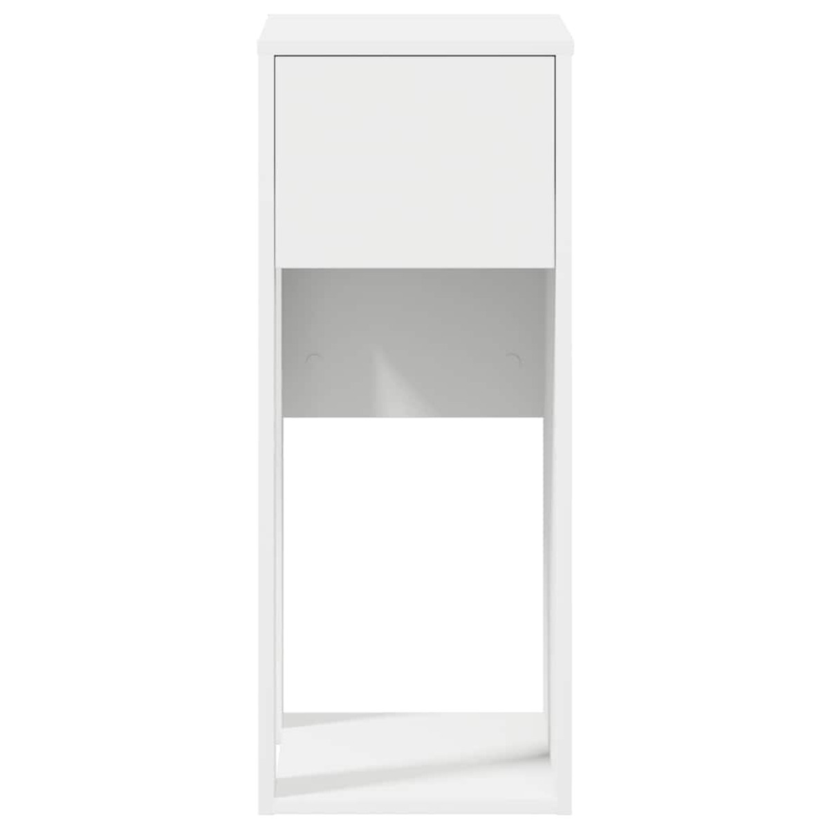 Ein hoher, weißer Aufbewahrungsschrank mit Tür und offenen Regalen. Minimalistisches Design.