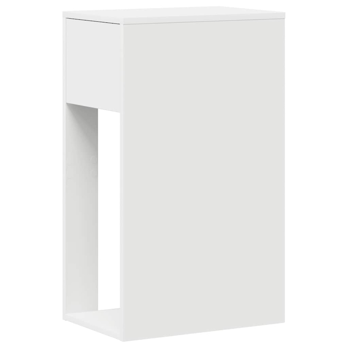 Ein weißer Beistelltisch mit Schublade und offener Seite. Klares Design.