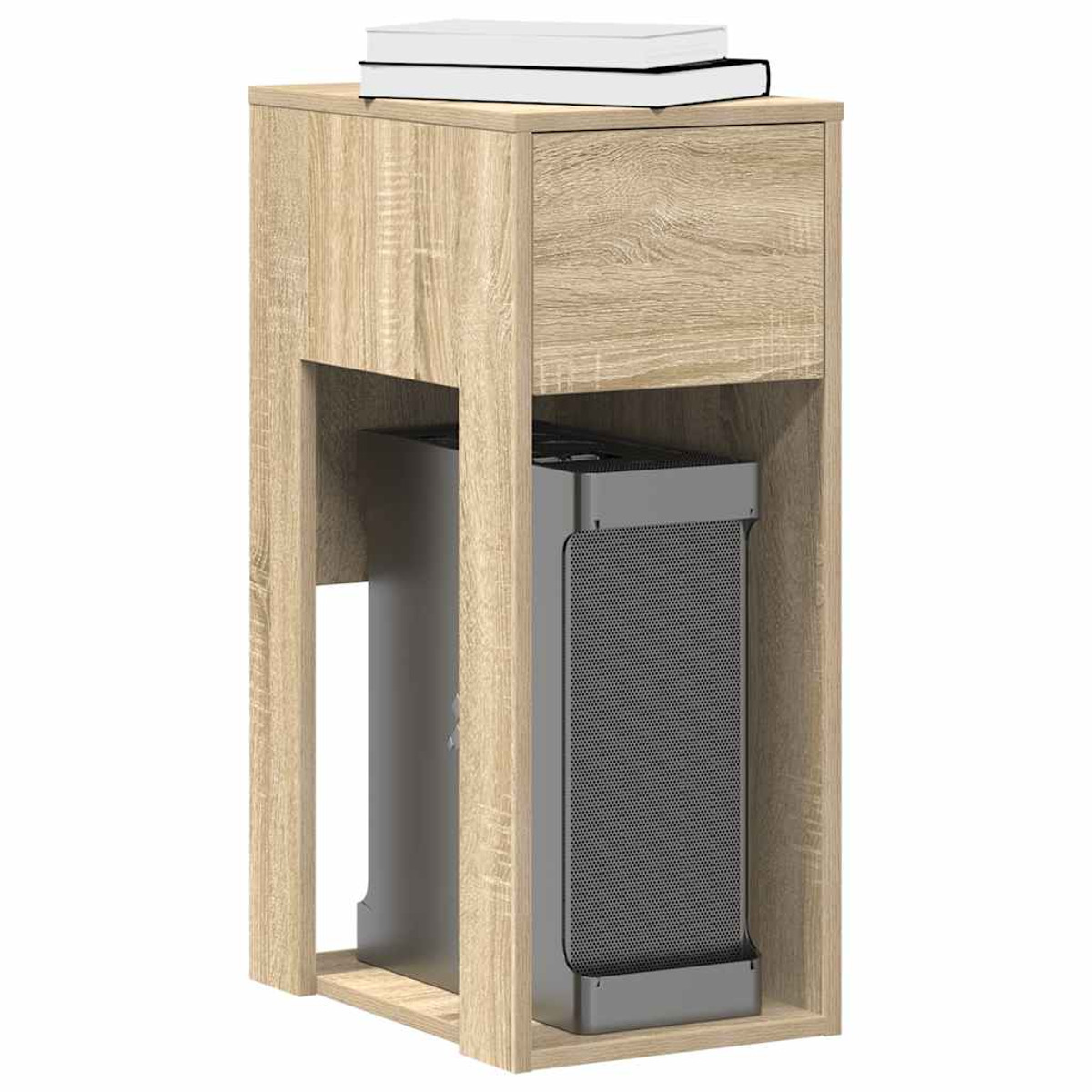 Ein hölzerner Beistelltisch mit Schublade, einem Regal mit Computer und Büchern oben drauf.