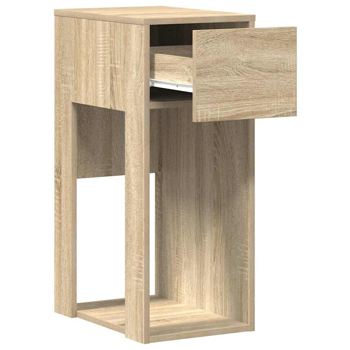 Ein hölzerner Beistelltisch mit offener Schublade. Der Tisch ist aus Holz gefertigt.