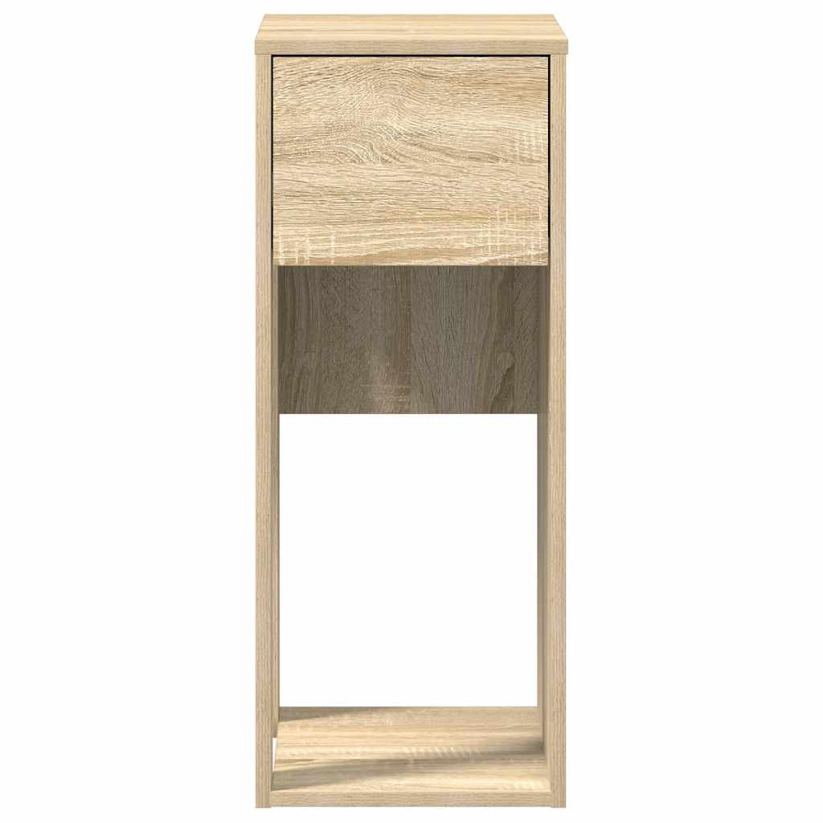 Hoher Schrank aus hellem Holz mit Schublade und offenem Raum. Die Schublade ist holzmaseriert, der Boden dunkler.