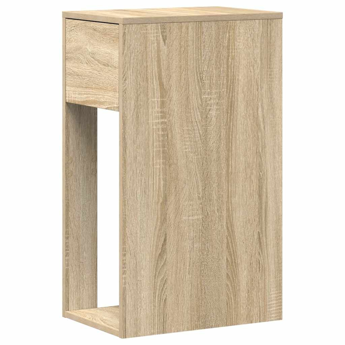 Ein helles Holzschränkchen mit einer Schublade oben und einem offenen Fach unten.
