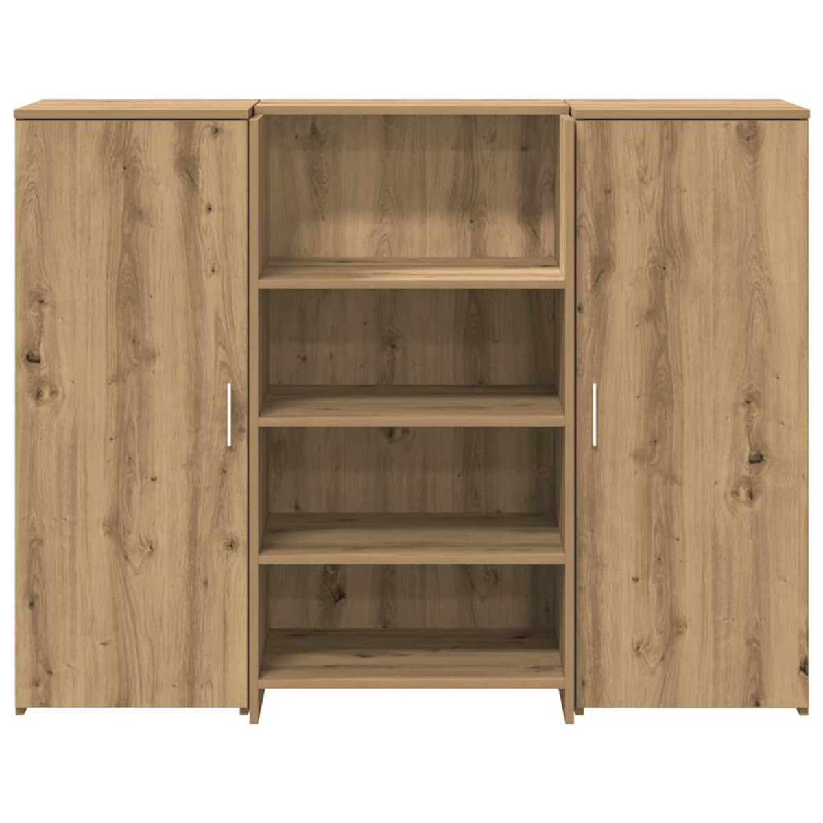 Ein Holzschrank mit drei Abschnitten: zwei Seitentüren und ein offener Regalteiles.