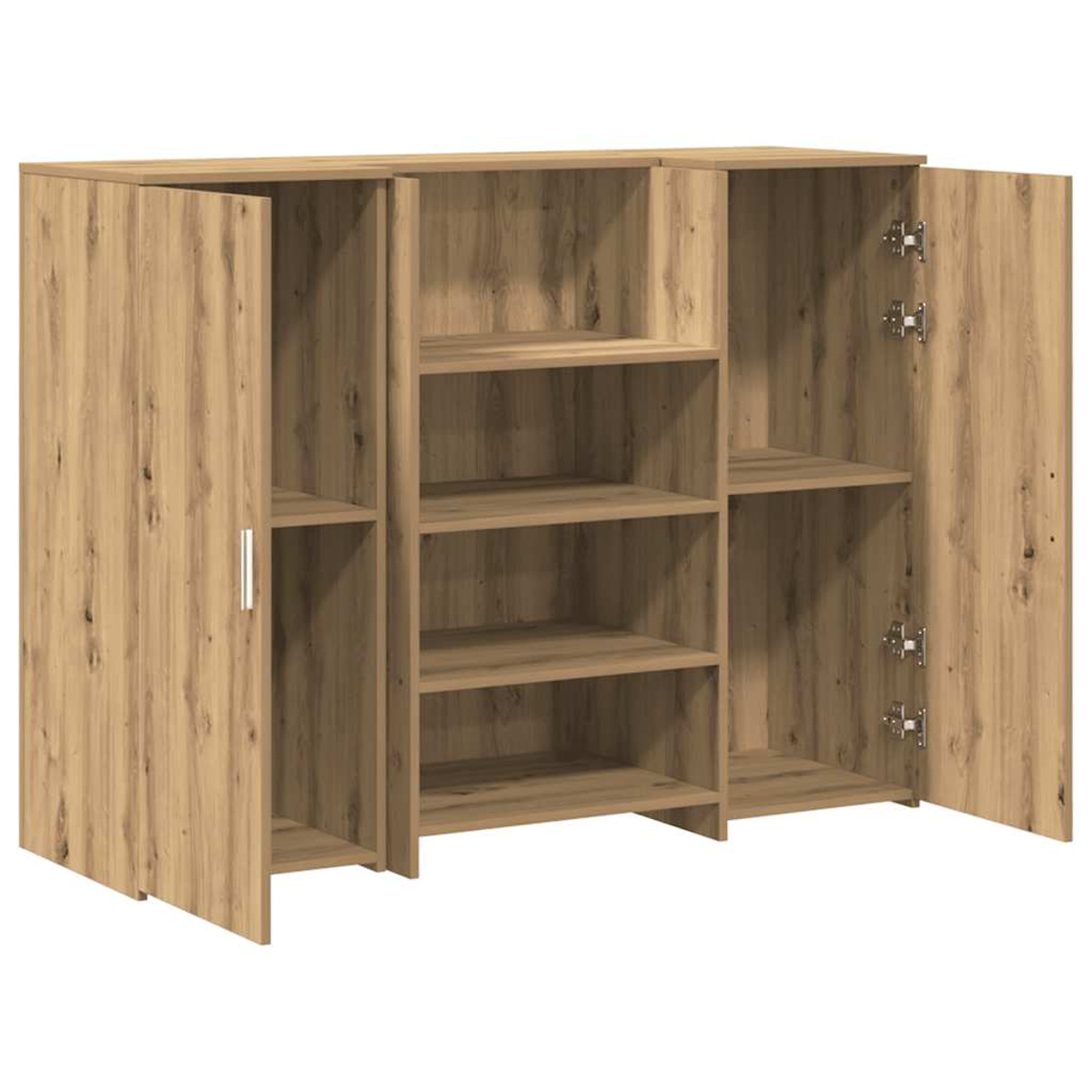 Holzschrank mit offenen Türen. Helle Holzmaserung, Regale sichtbar, weißer Hintergrund.