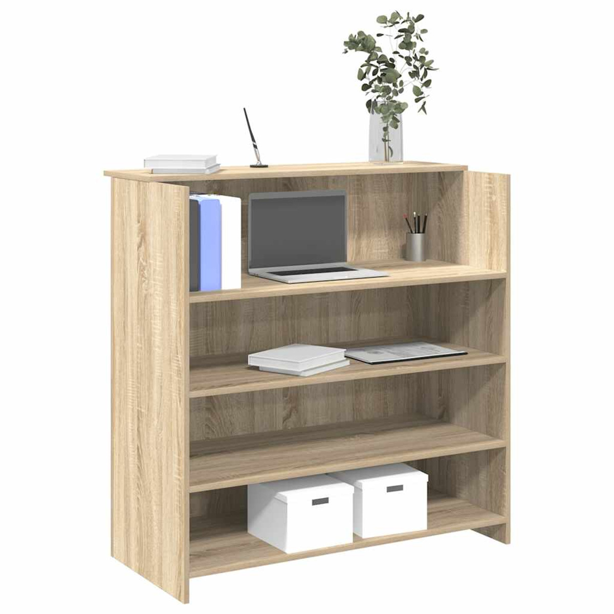 Holzbuchregal mit Büchern, einem Laptop und weißen Kisten. Das Bücherregal hat Regale.