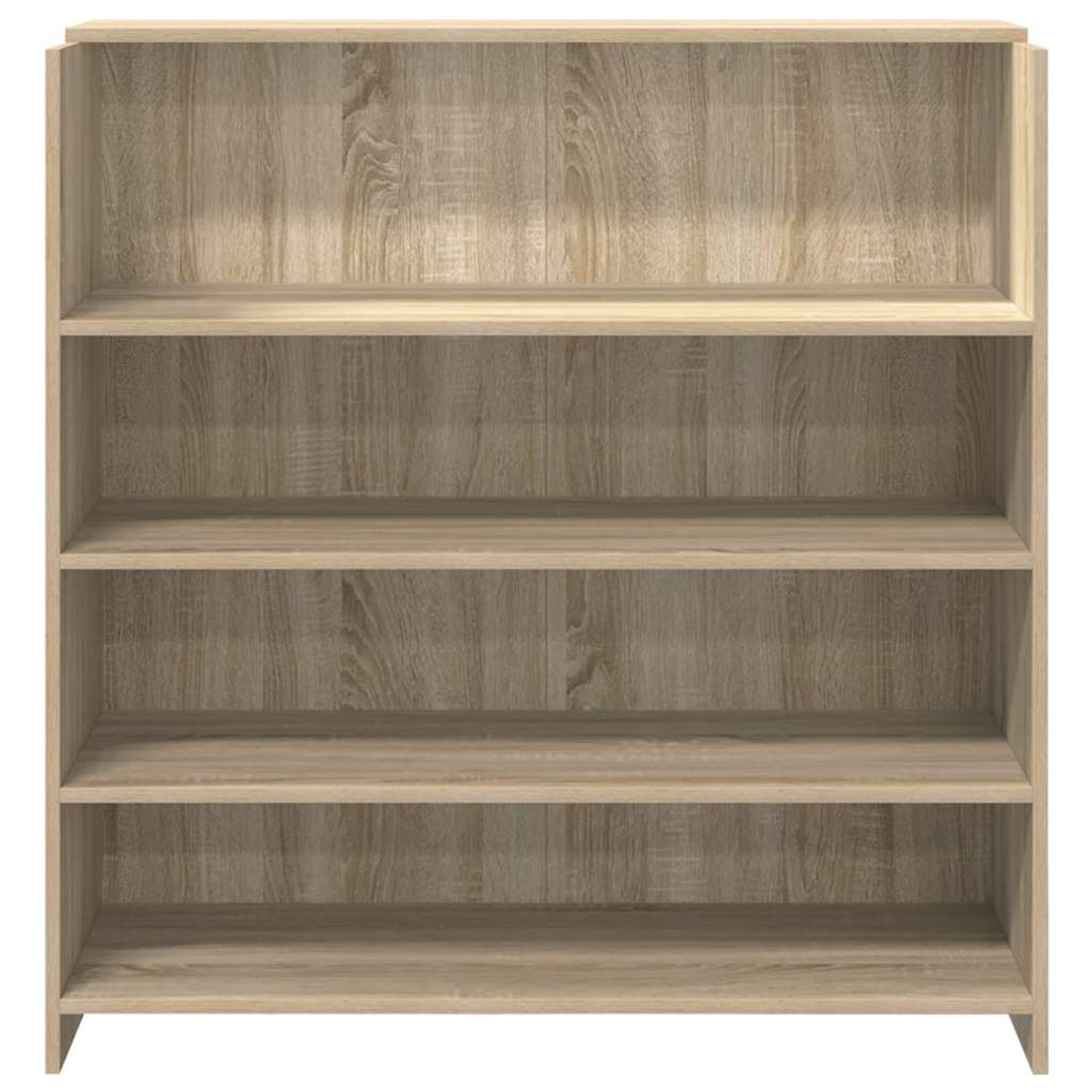 Ein Bücherregal aus Holz mit vier Regalen. Aus hellbraunem Holz.
