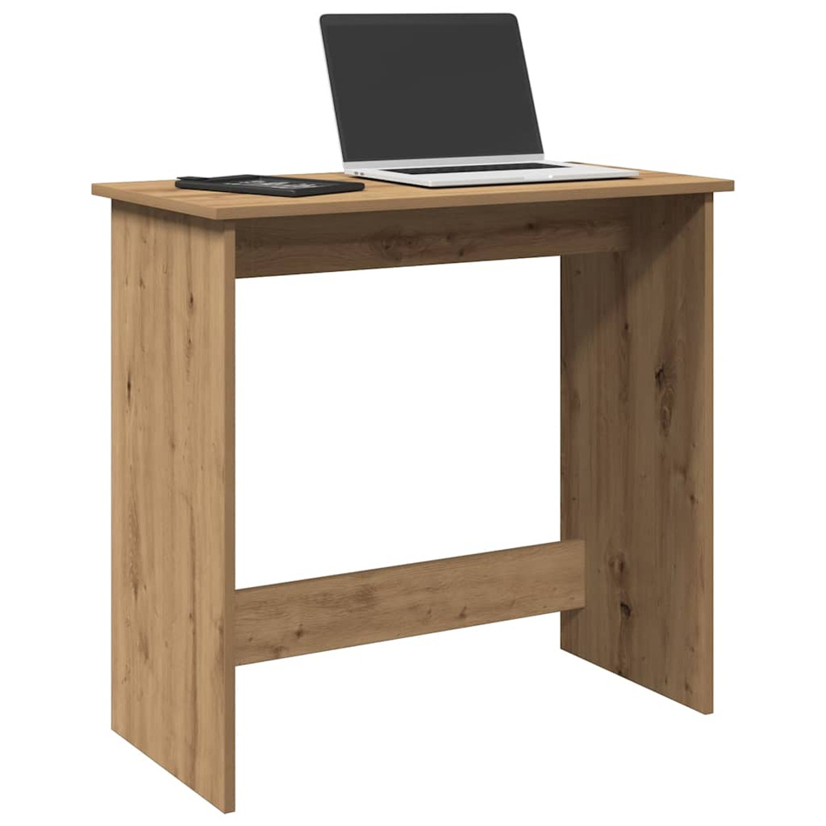 Holzschreibtisch mit Laptop und Taschenrechner. Hintergrund: beige Wand.