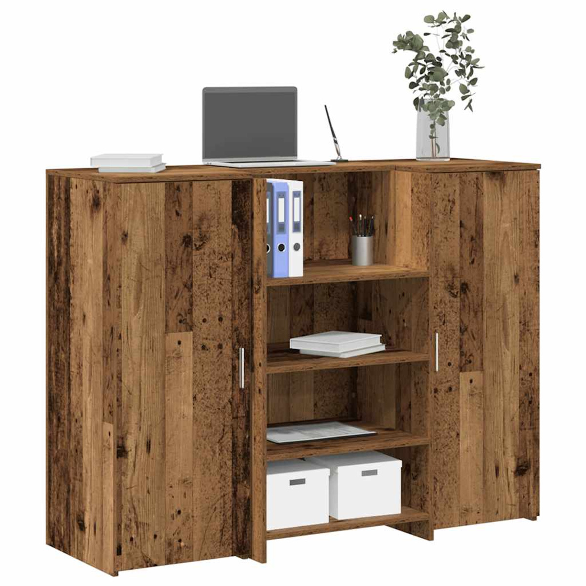 Holzschrank mit Laptop, Büchern und Büromaterial. Der Schrank hat Türen.
