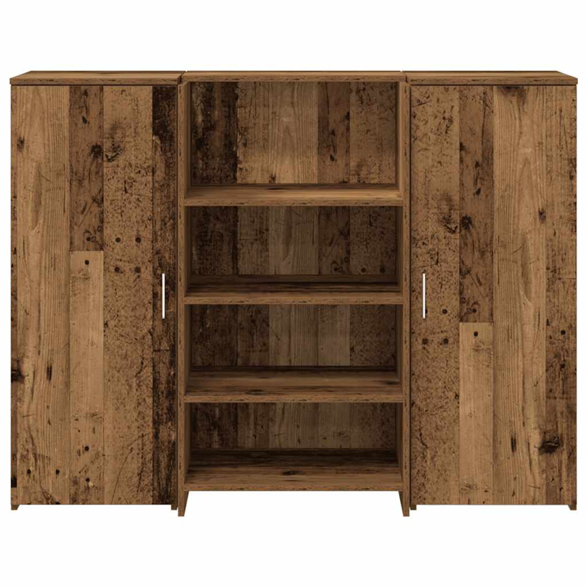Holzschrank mit Türen und Regalen. Die Türen sind geschlossen, der Mittelteil hat Regale.