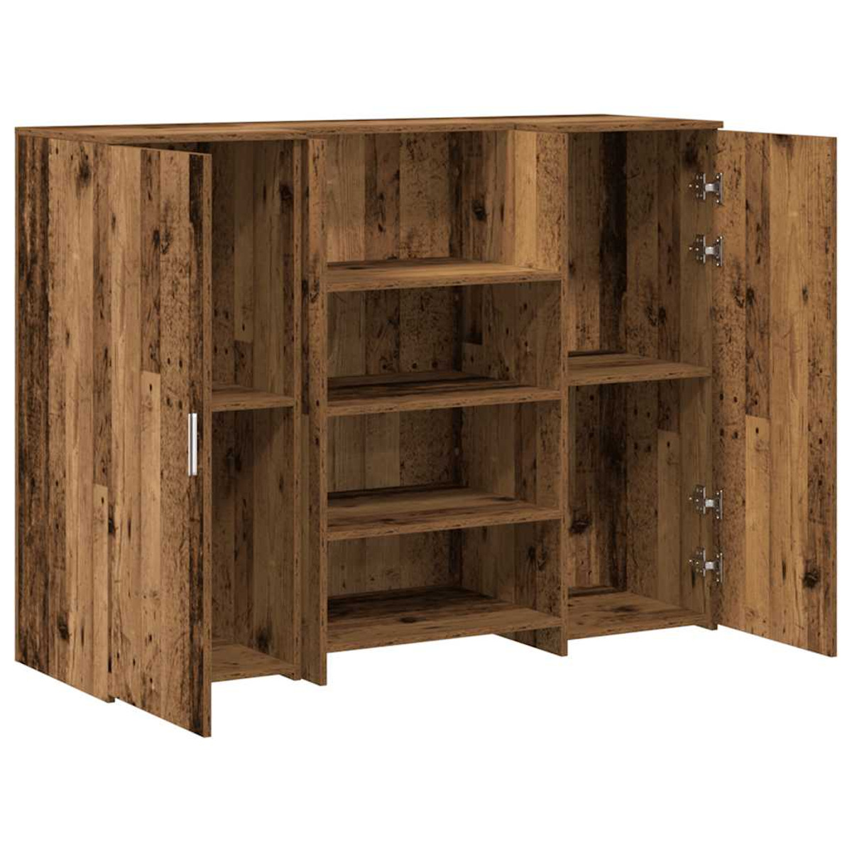 Holzschrank mit offenen Türen, zeigt Regale und Stauraum.