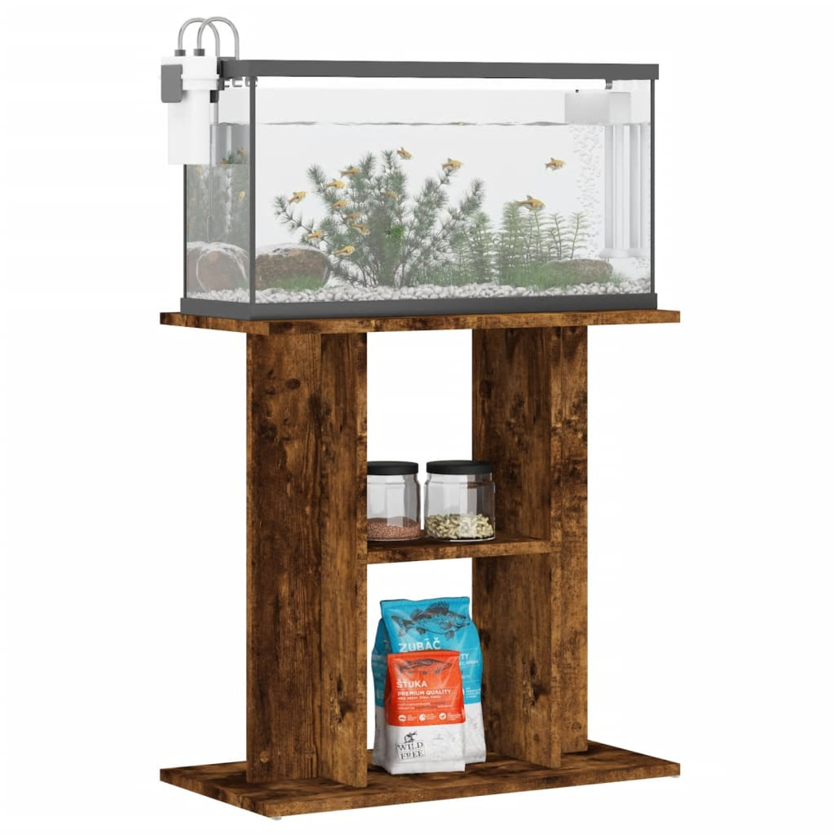 Aquarium auf einem Holzständer mit Fischen, Pflanzen, Futter und Gläsern. Weißer Hintergrund.