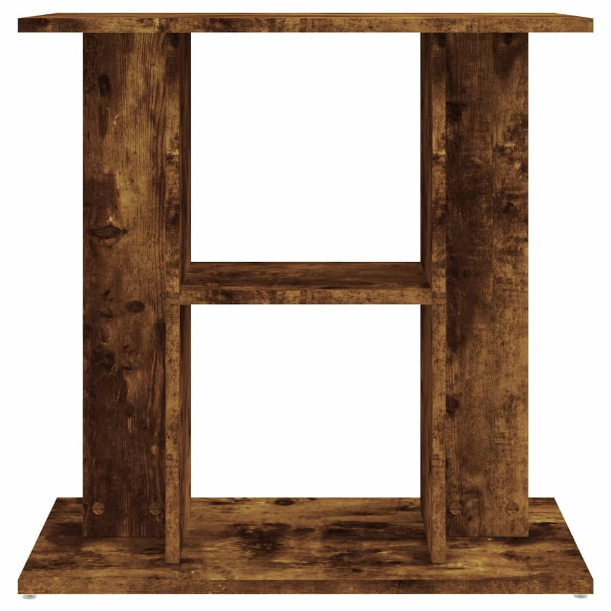 Holz-Beistelltisch mit quadratischer Basis, Regal und einer Oberseite.