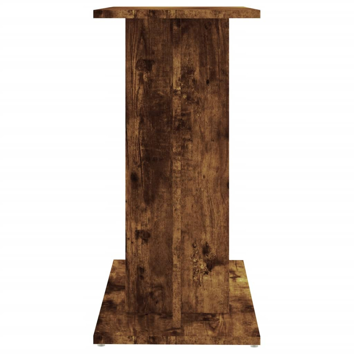 Hoher Holzständer mit breitem Sockel und Oberteil. Braune Farbe. Weißer Hintergrund.