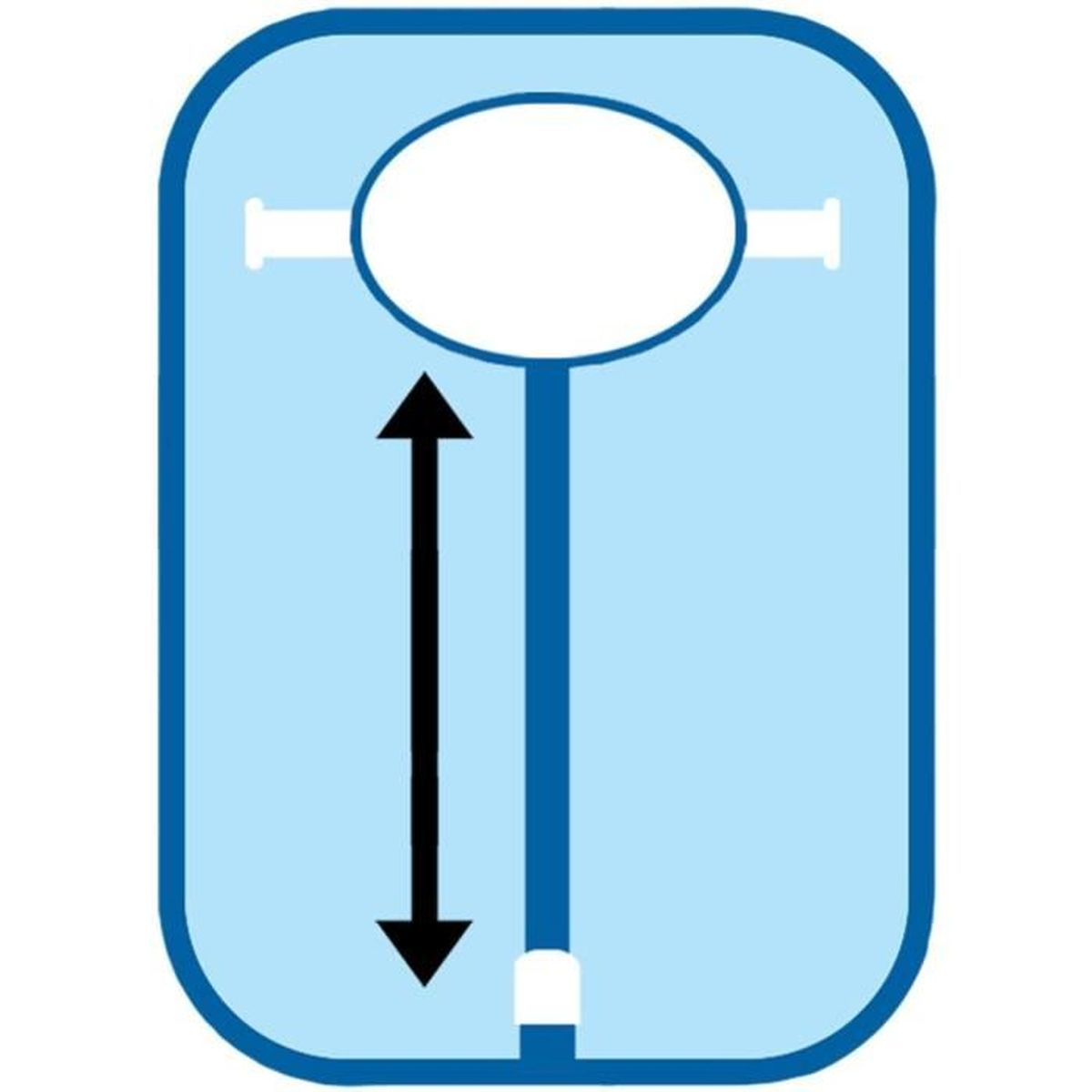 Blaues und weißes Design mit abgerundeter Rechteckform und Pfeil.