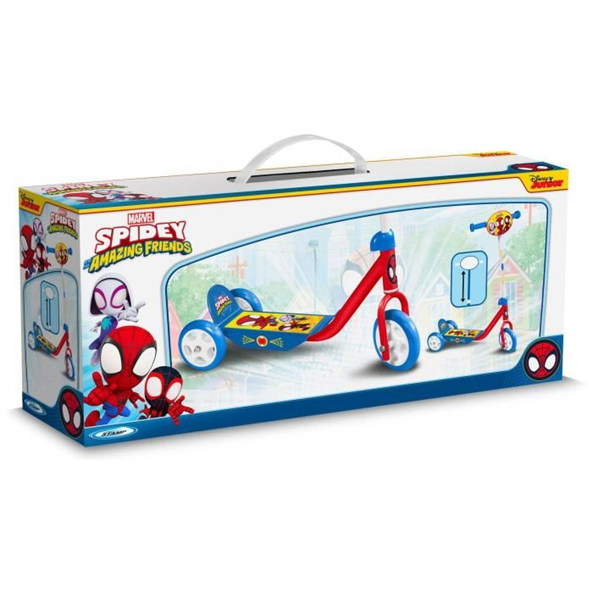 Spidey-Roller in einer Box. Roter, blauer Roller mit Spidey-Grafiken und weißem Tragegriff.