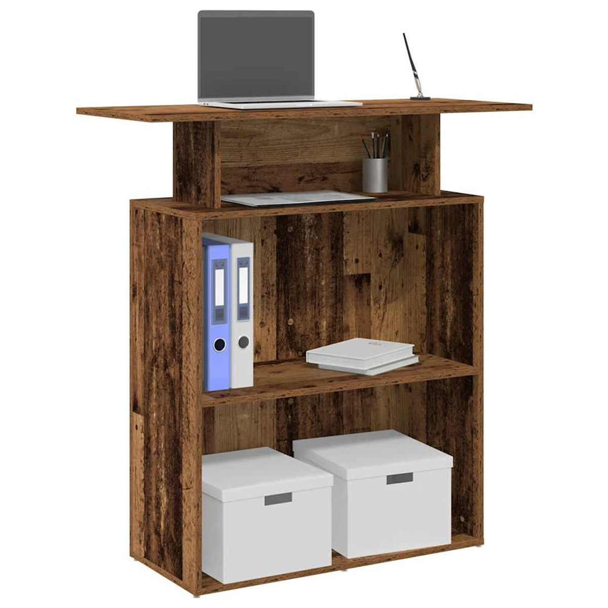 Holzschreibtisch mit Regalen und einem Laptop oben. Der obere Teil hebt sich an.