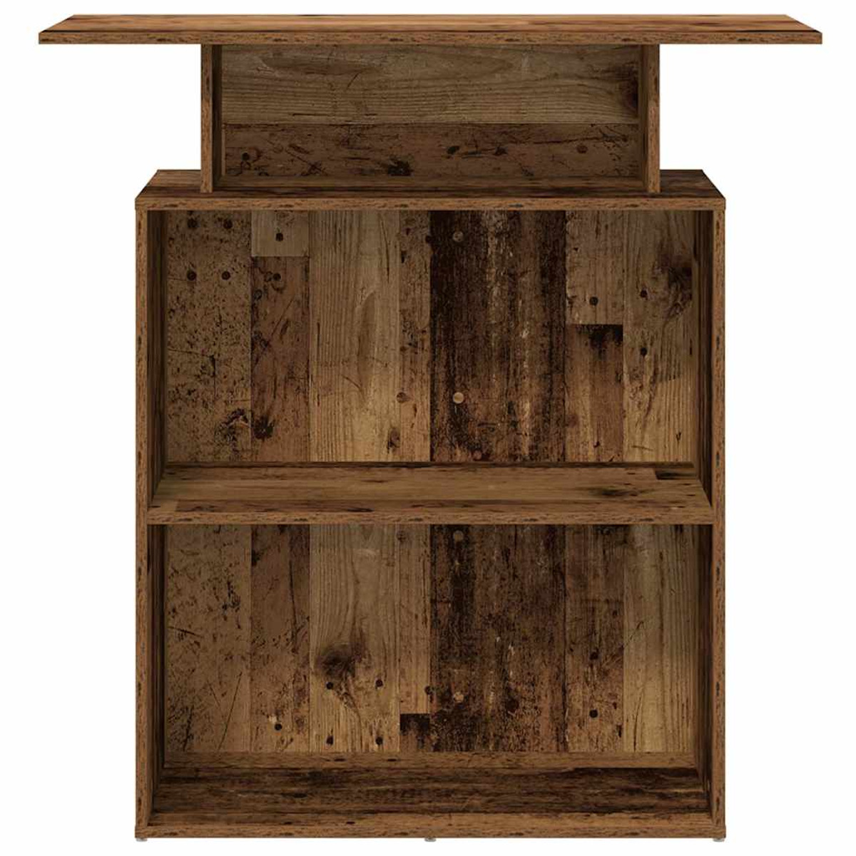 Holzschrank mit Regalen und einem oberen Regal. An den Seiten Holzplanken.