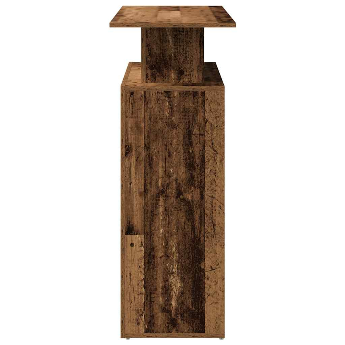 Ein Holzschrank mit erhöhtem Oberteil. Es hat ein rustikales, verwittertes Aussehen.