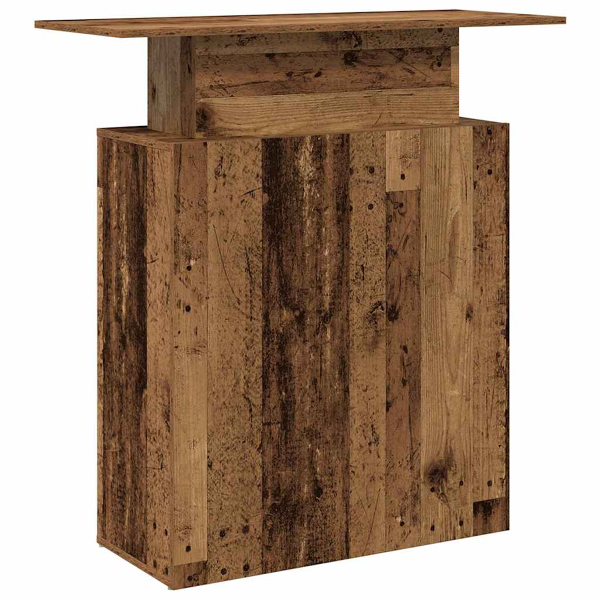 Ein Holztisch mit rechteckiger Platte auf einem vertikalen Holzblock.