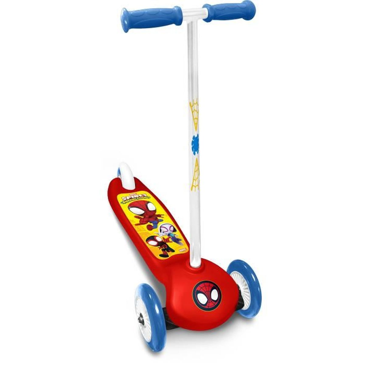 Scooter rosso di Spider-Man con maniglie e ruote blu. Sfondo bianco.