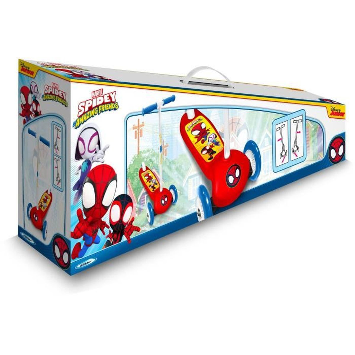 Una scatola per scooter a tema Spider-Man, con illustrazioni di Spidey e i suoi amici.