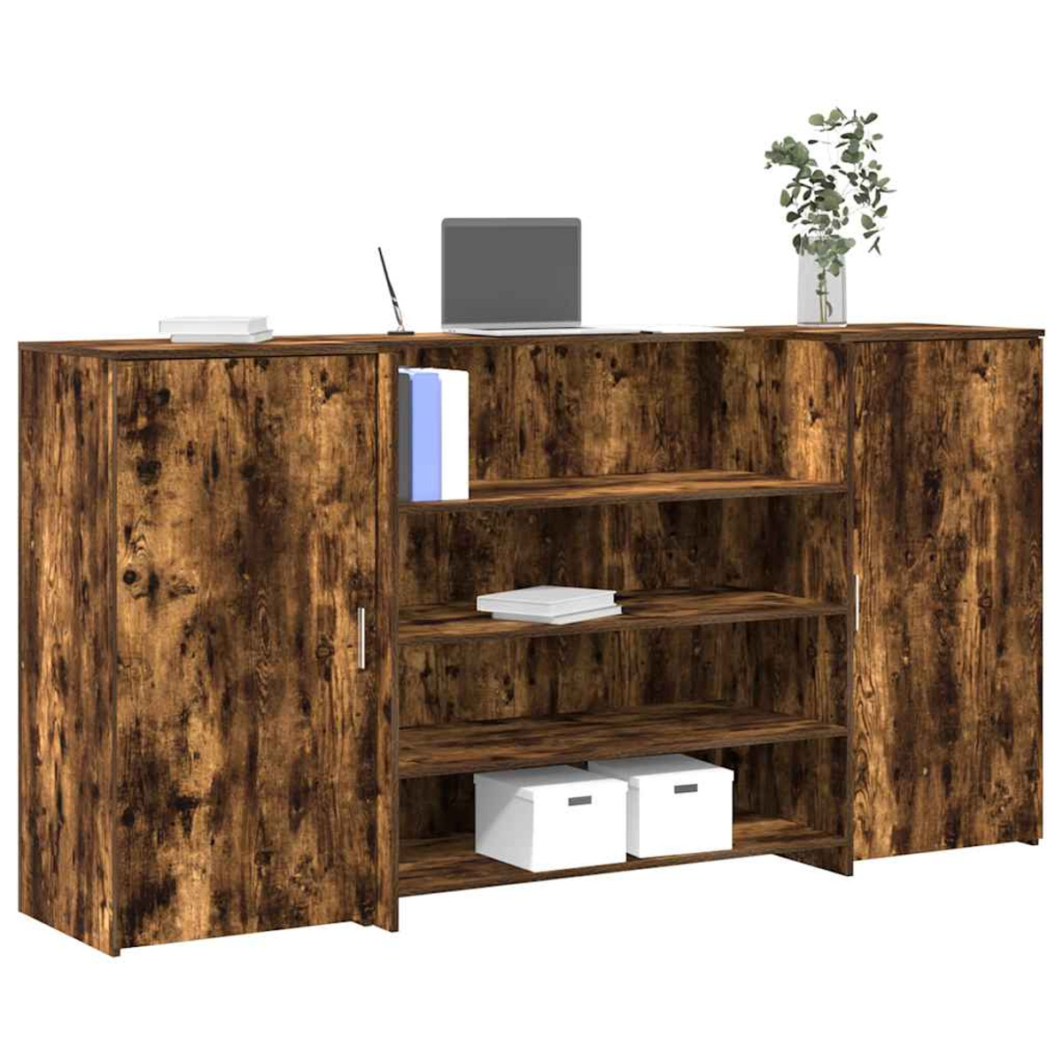 Ein Holzschrank mit Regalen, einem Laptop und einigen weißen Boxen.