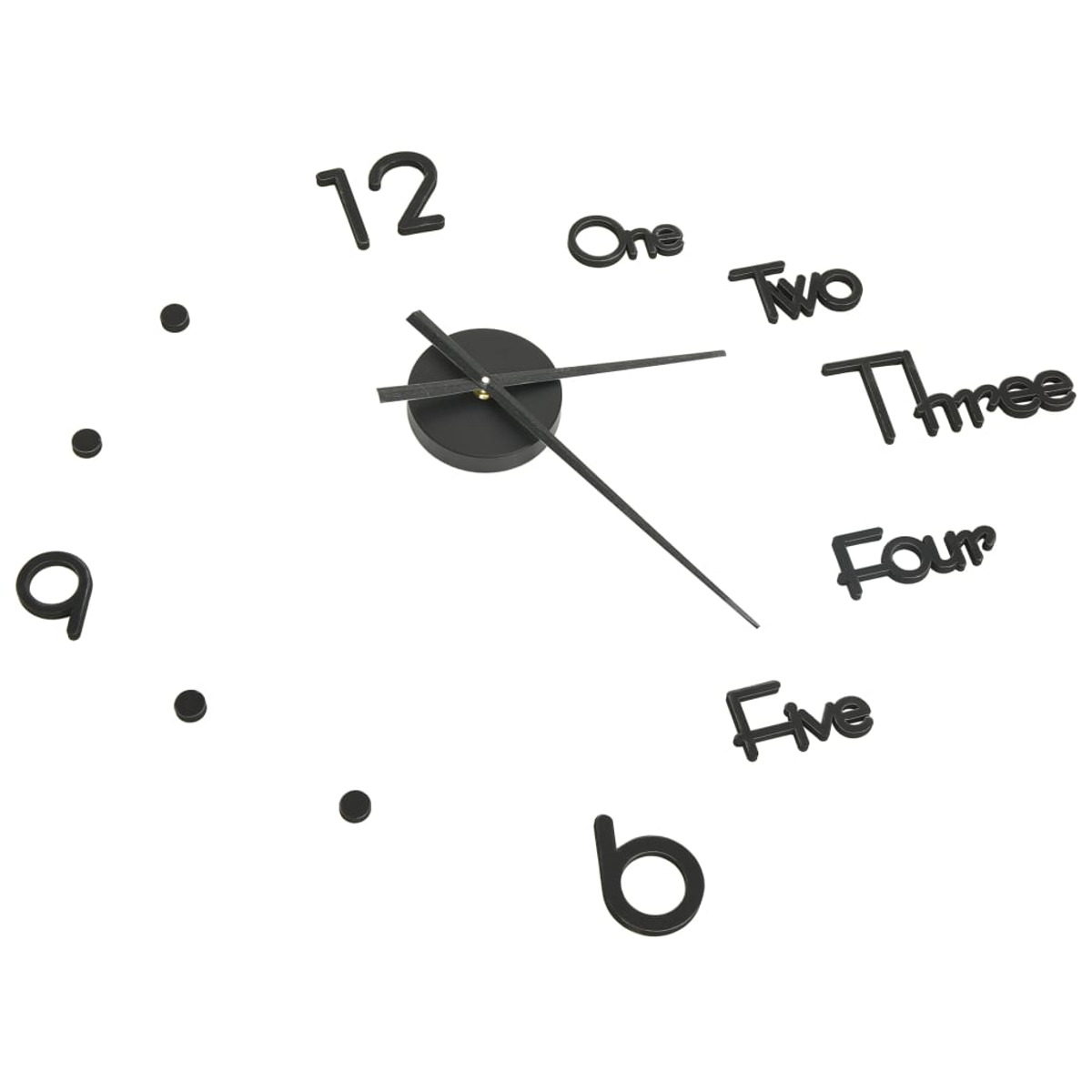 Eine schwarze Wanduhr mit Zahlen und Zeigern in modernem, minimalistischem Design.