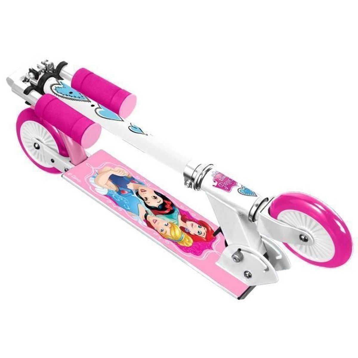 Scooter rosa e bianco con un'immagine di principesse. Le ruote sono rosa.