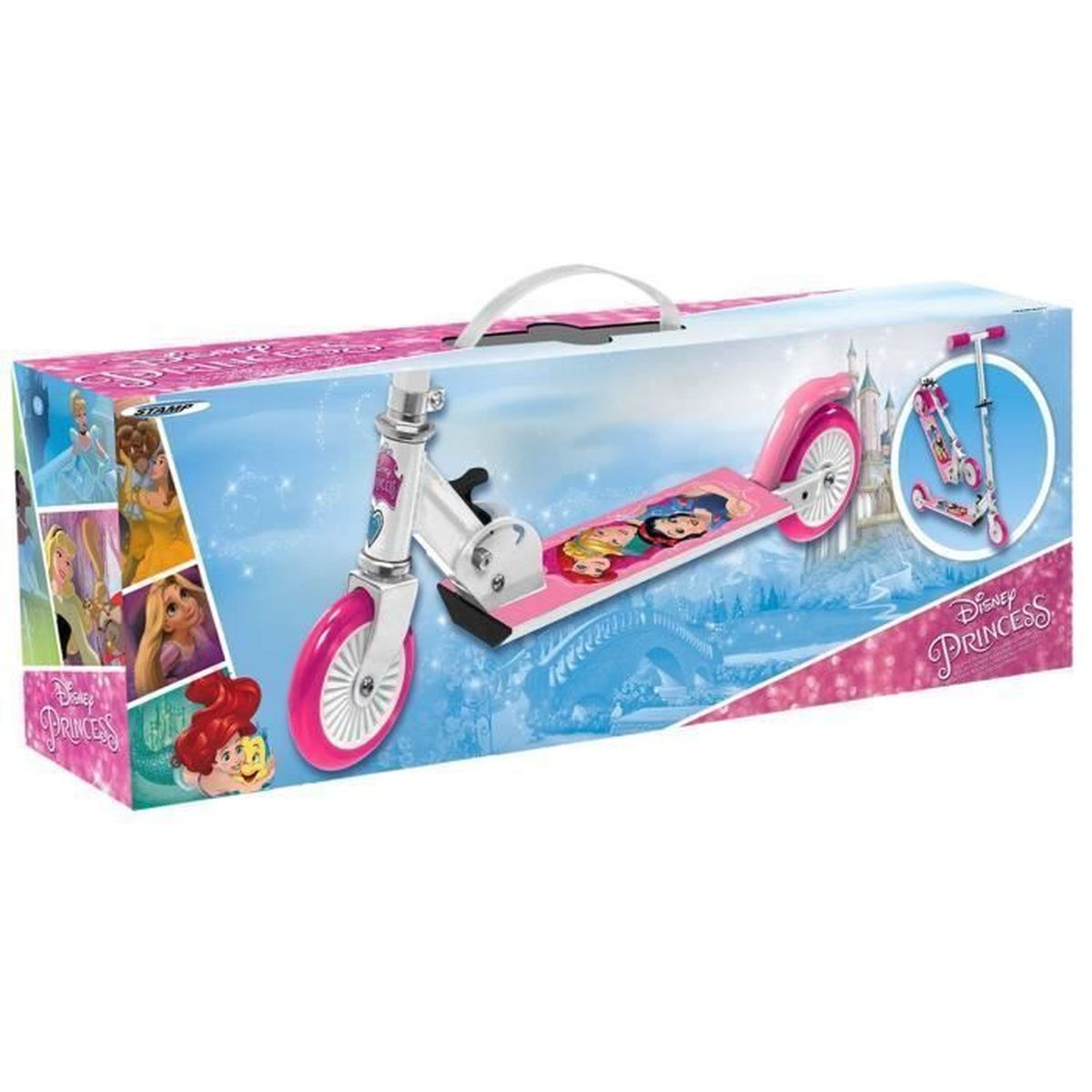 Un monopattino rosa Disney Princess in una scatola, con personaggi e maniglia.
