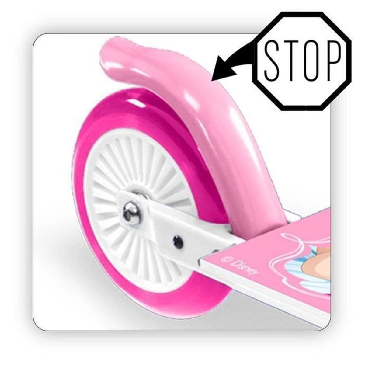 Una parte di scooter rosa con un cartello 'STOP' sopra.