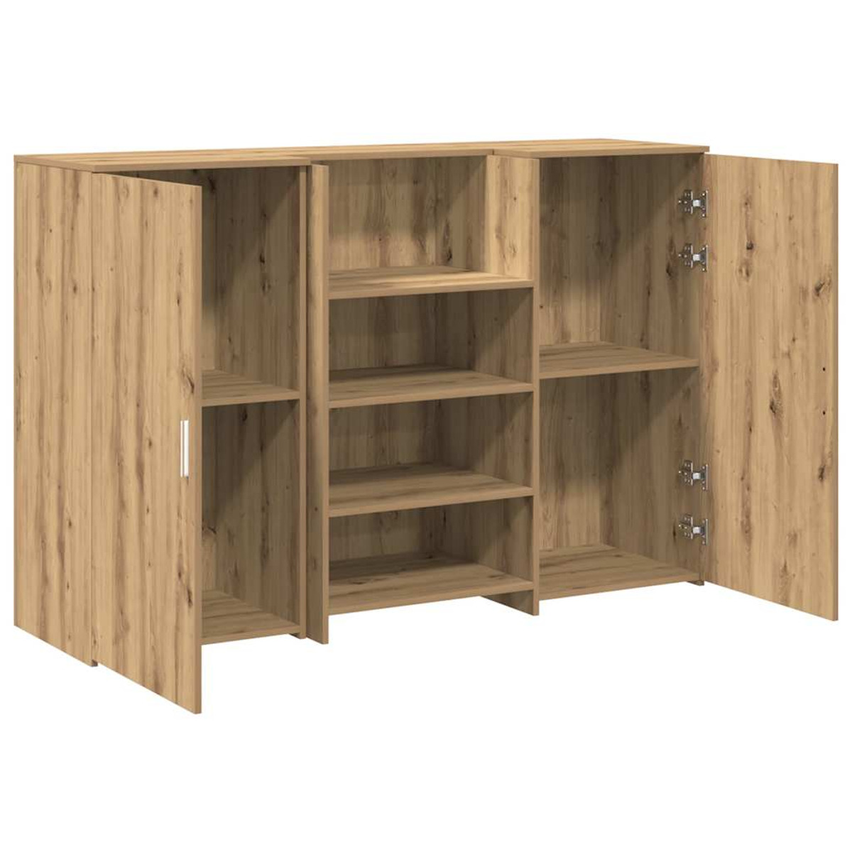 Holzschrank mit geöffneten Türen. Regale innen sichtbar.