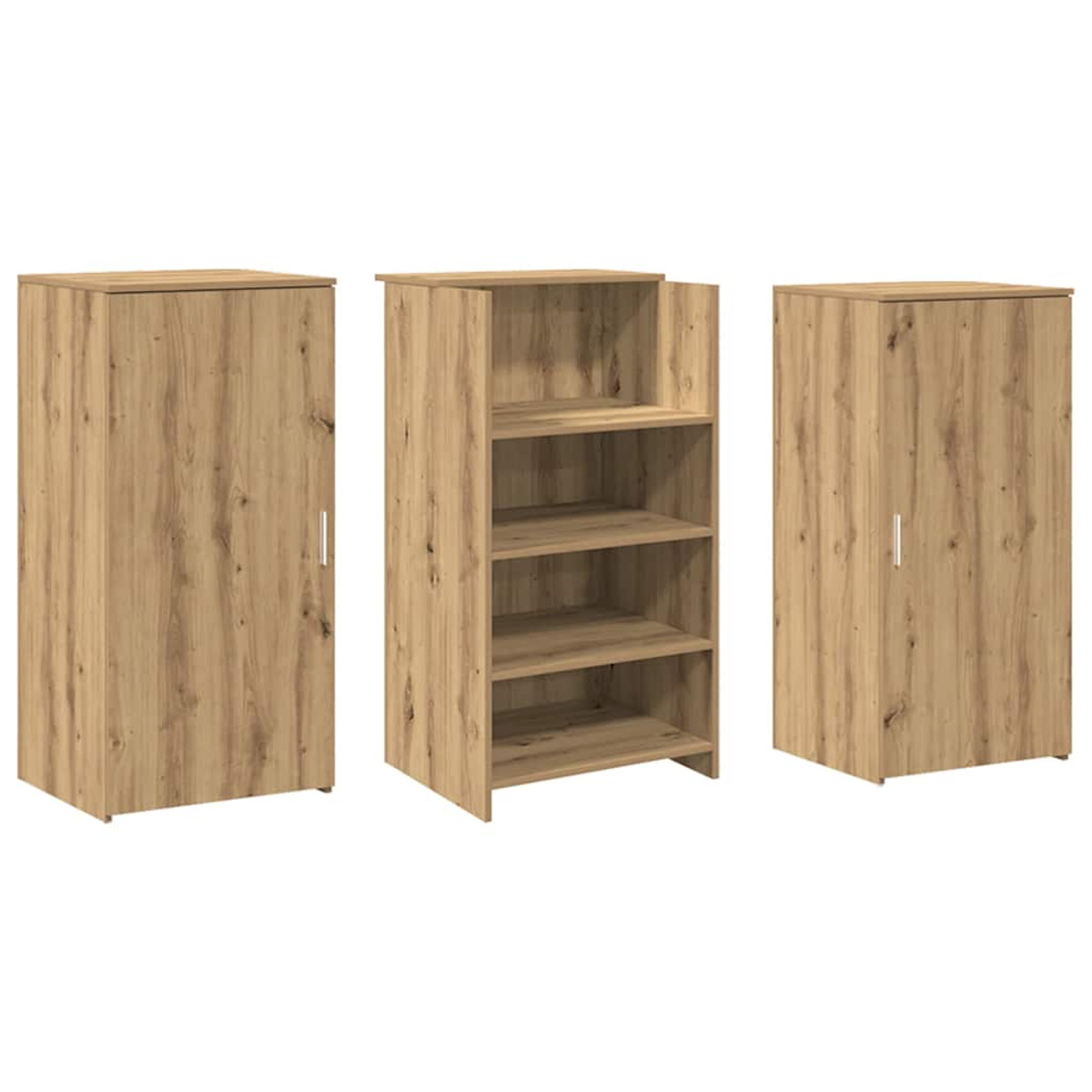 Drei Holzschränke, einer geschlossen und zwei mit offenen Regalen. Das Holz ist strukturiert.