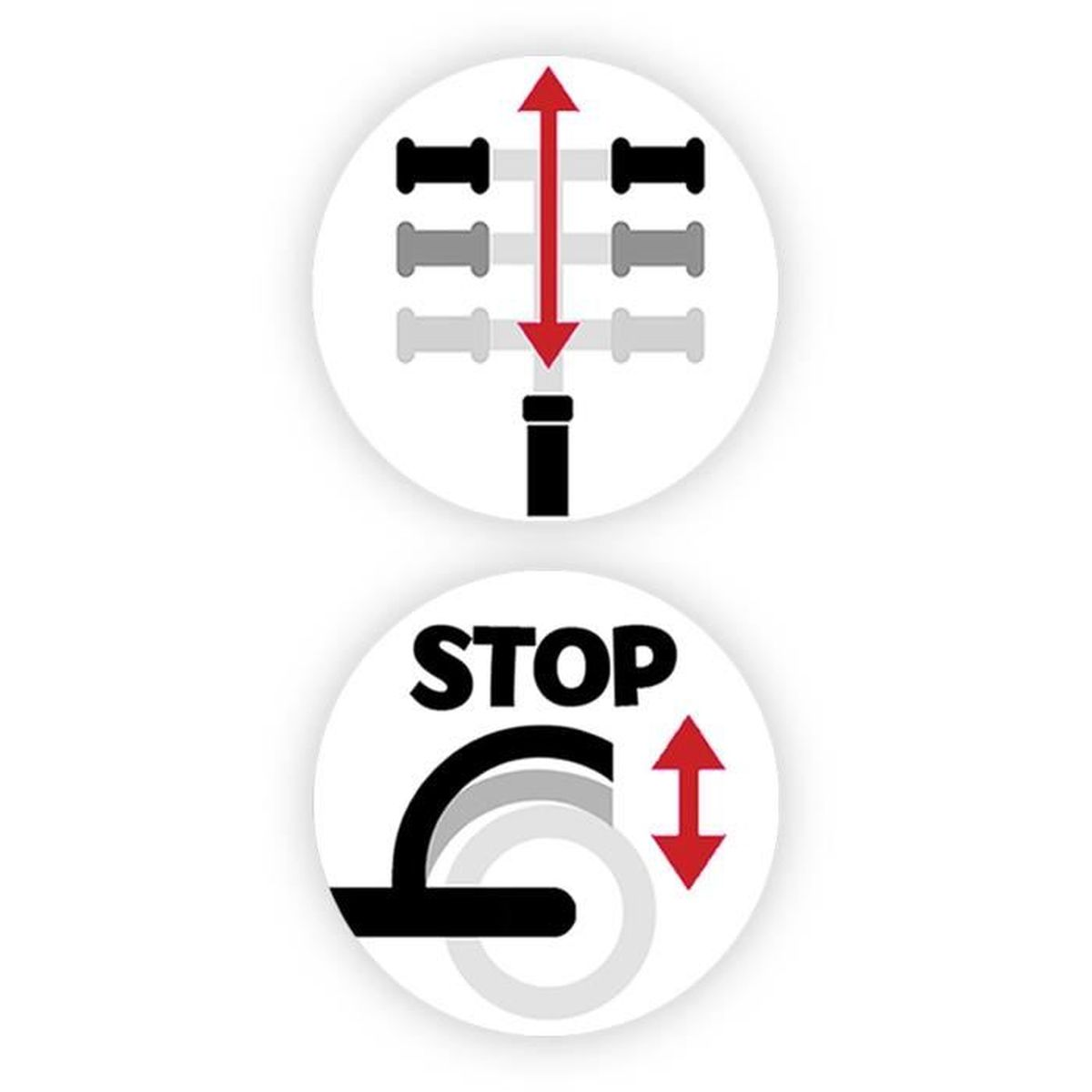 Due cerchi con icone: freccia su/giù e ingranaggi, che indicano una funzione di stop, su sfondo bianco.