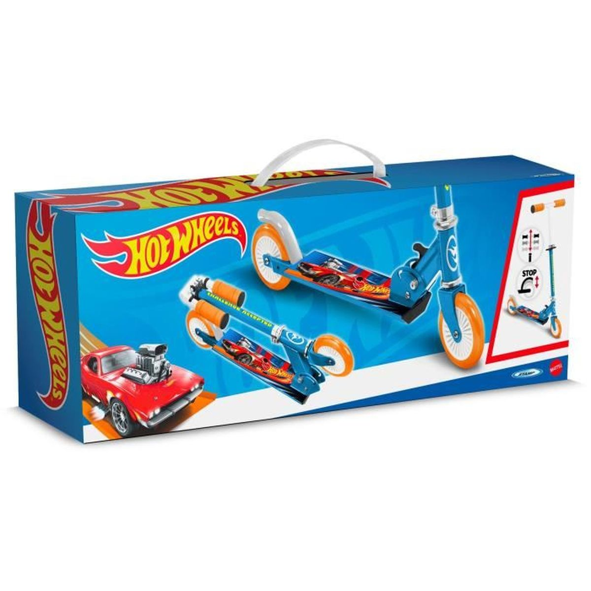 Scatola giocattolo Hot Wheels con due scooter. Grafica auto rossa, scatola blu e ruote arancioni.