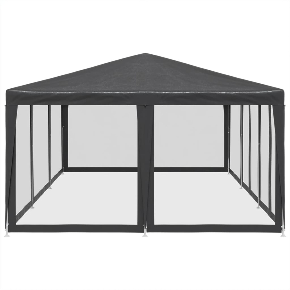 Un gazebo nero con pareti trasparenti e una struttura bianca. È aperto e vuoto.
