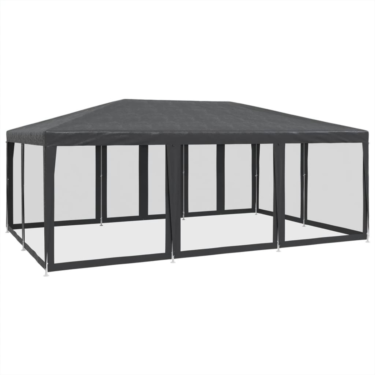 Una tenda grigia da esterno con pareti laterali bianche e un telaio nero.
