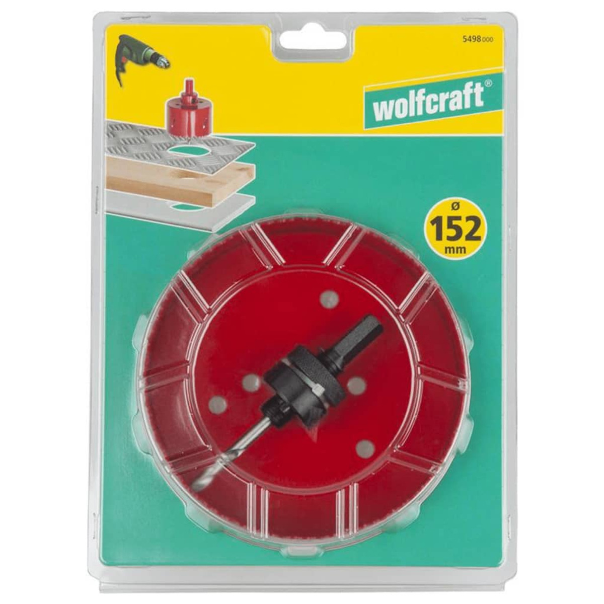 Rote Lochsäge in einer Verpackung. Gelber und weißer Hintergrund.
