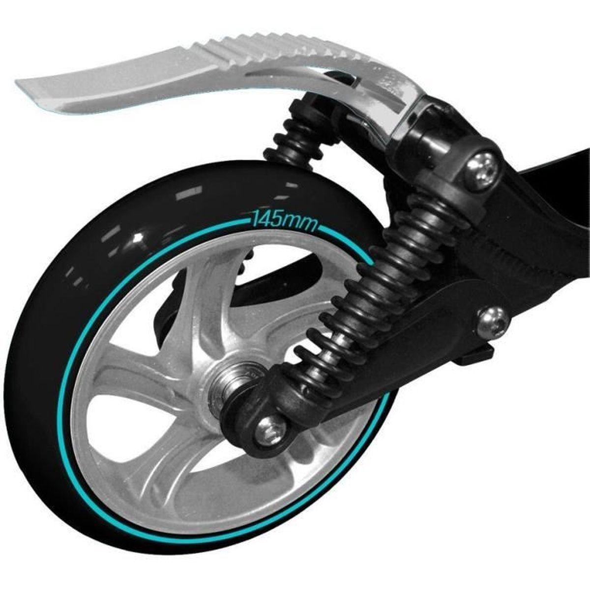 Ruota di scooter nera che mostra la misura di 145 mm. La ruota è nera e argento.