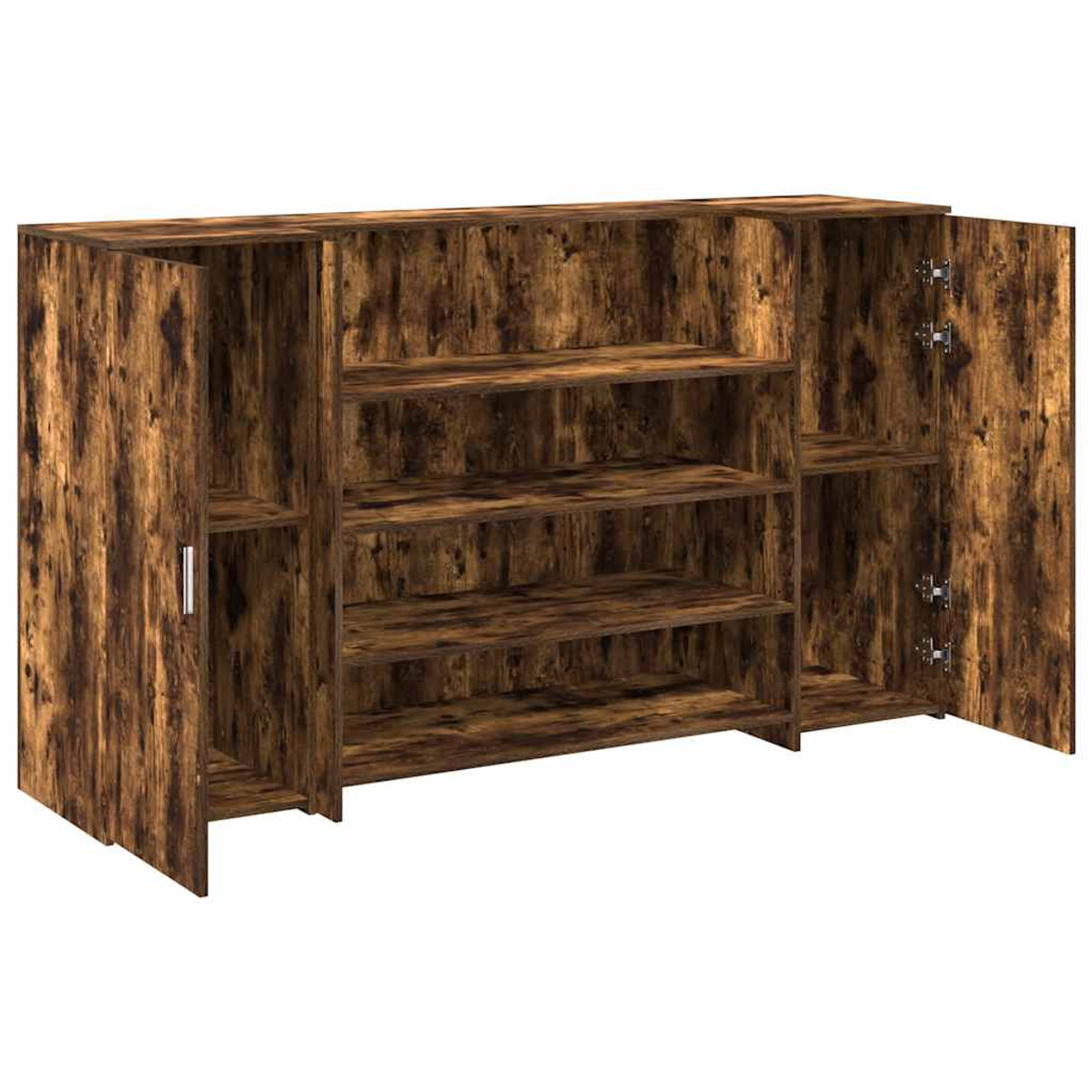 Holzschrank mit offenen Türen, zeigt Regale. Braunes Holz, Maserung sichtbar.