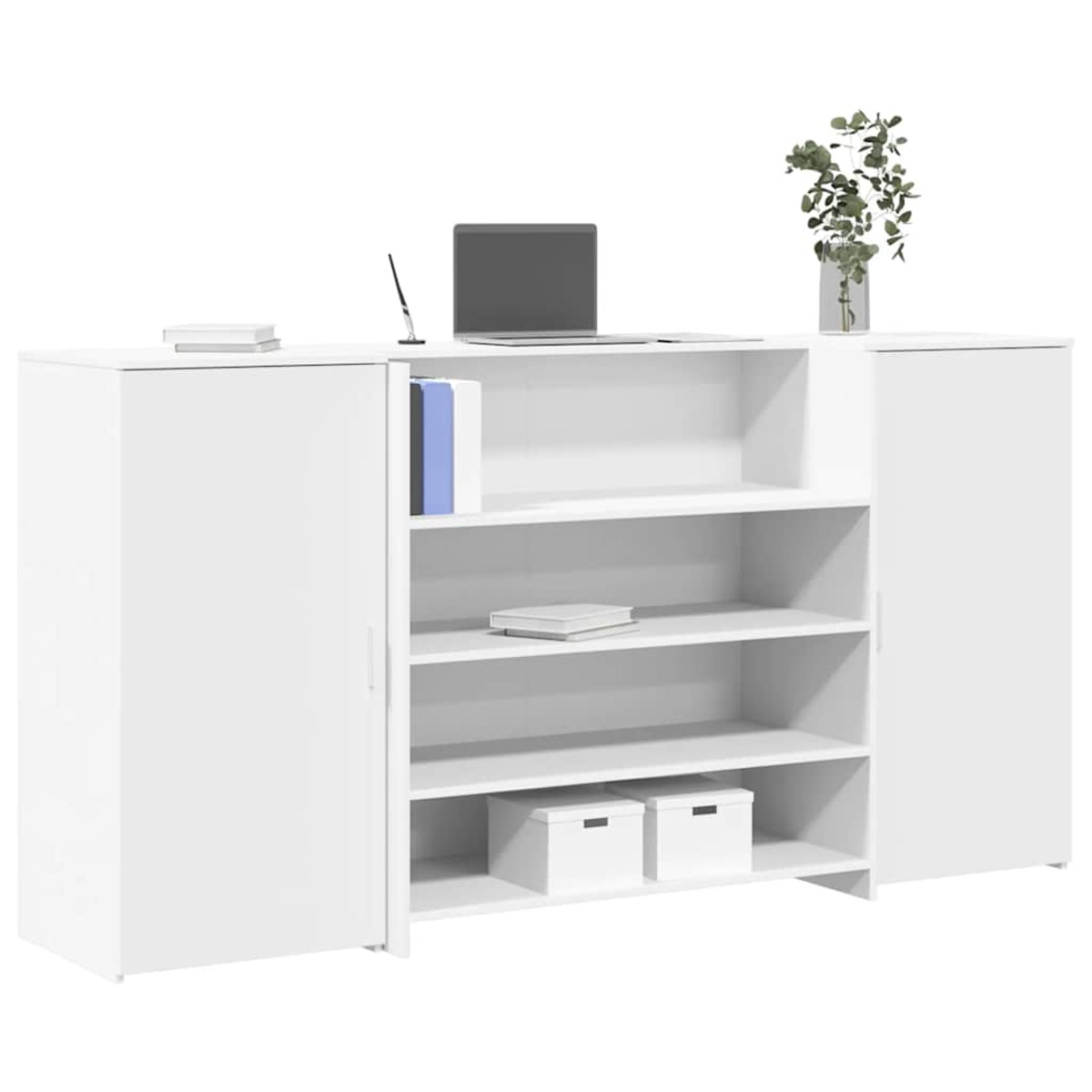 Weißer Schrank mit offenen Regalen, geschlossenen Türen, einem Laptop und einer Vase mit Grün.