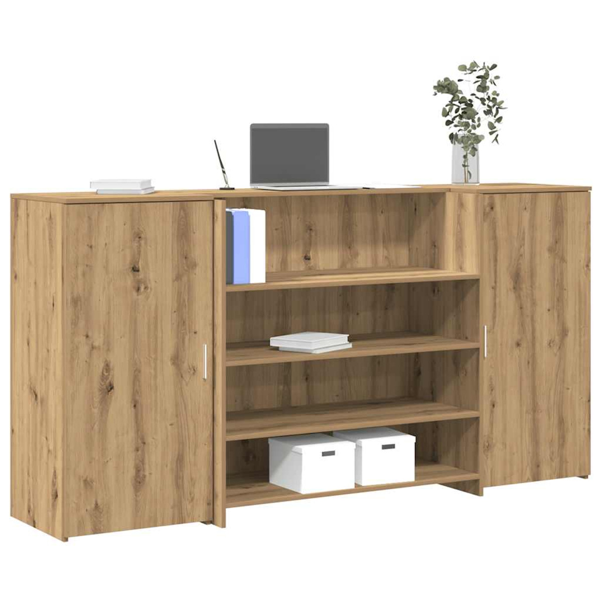 Holzschrank mit Regalen, Laptop und Deko obenauf.