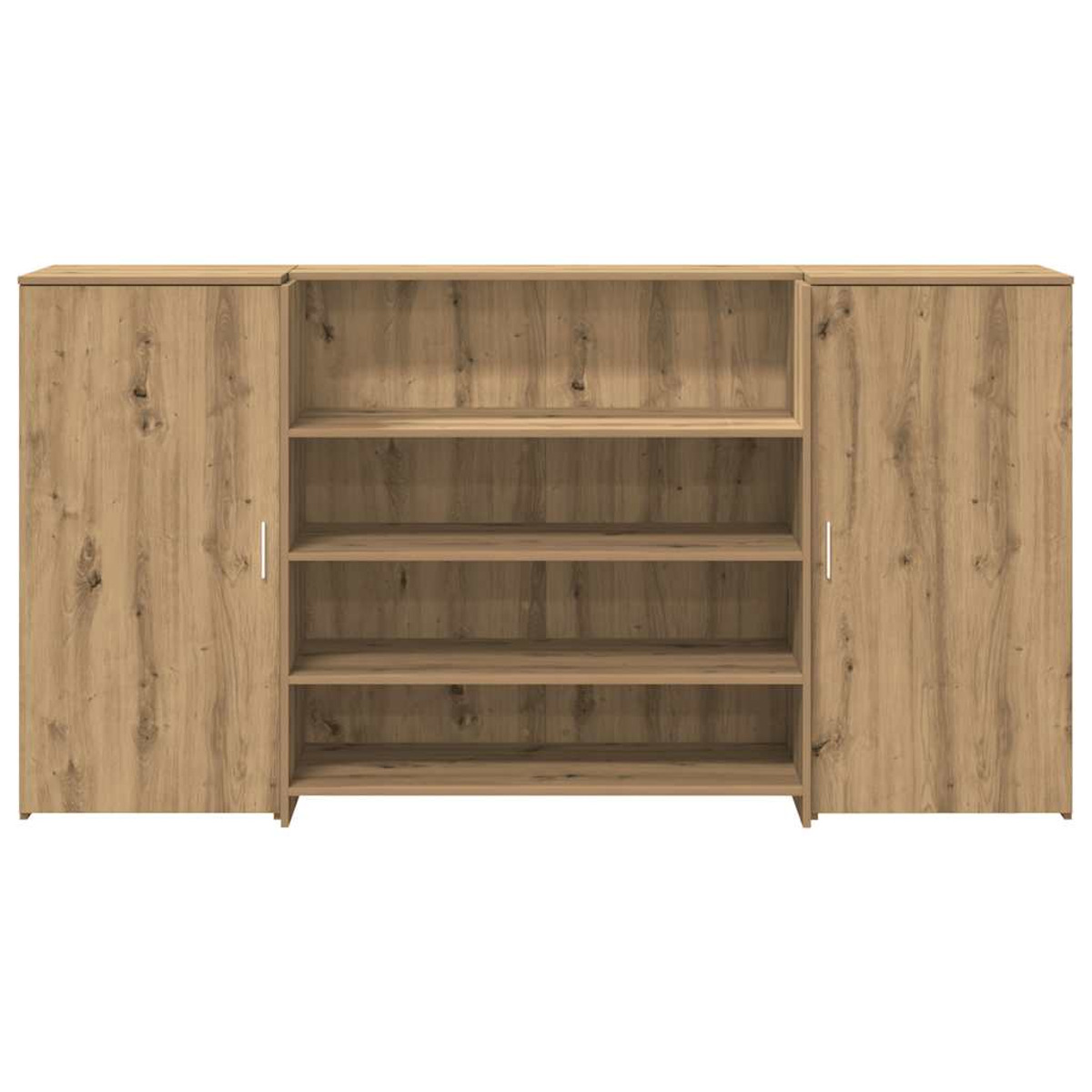Holzschrank mit zentralen Regalen und Seitentüren vor weißem Hintergrund. Das Holz hat eine helle Farbe.