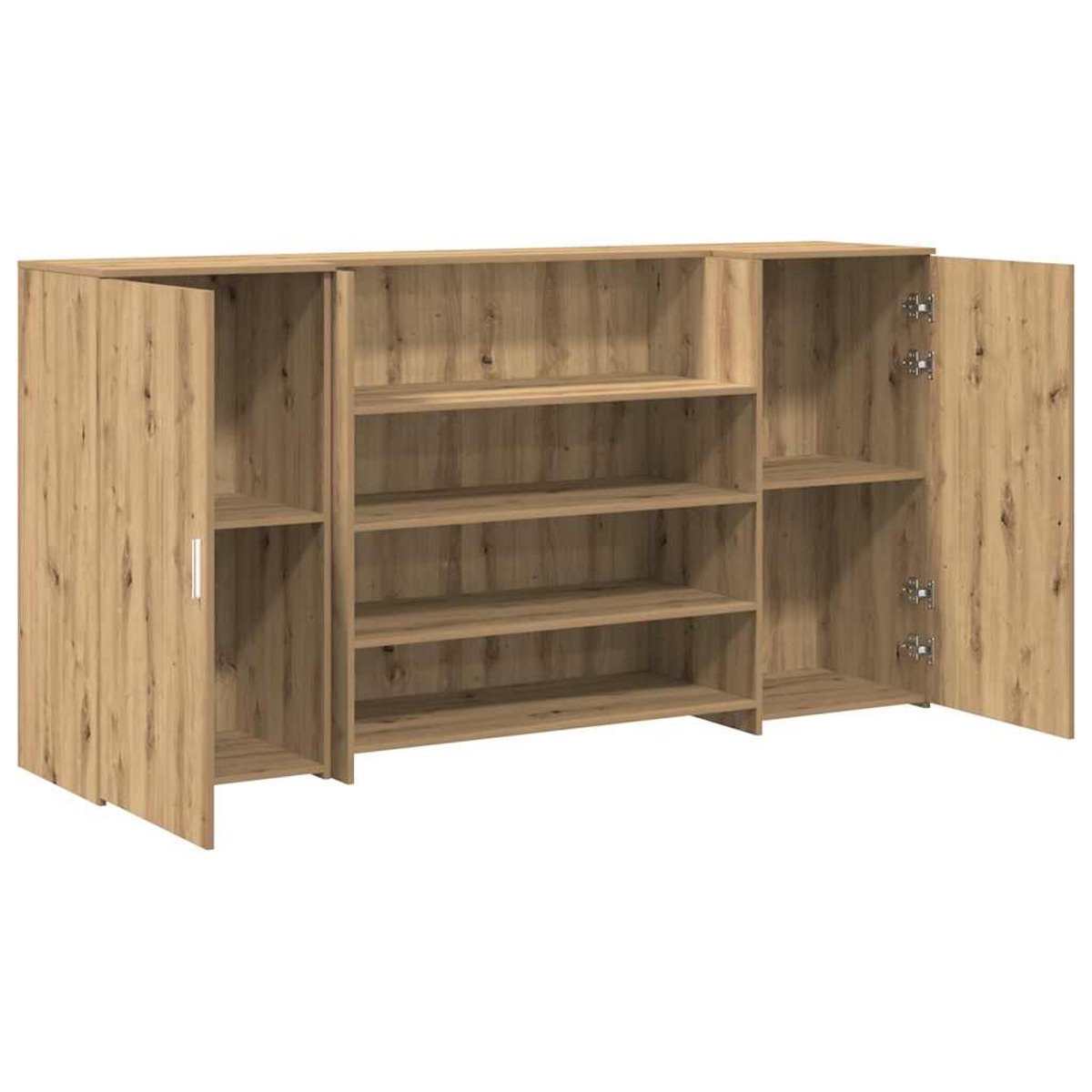 Ein Sideboard aus Holz mit offenen Türen, das Regale zeigt, mit hellem Holzmaser.
